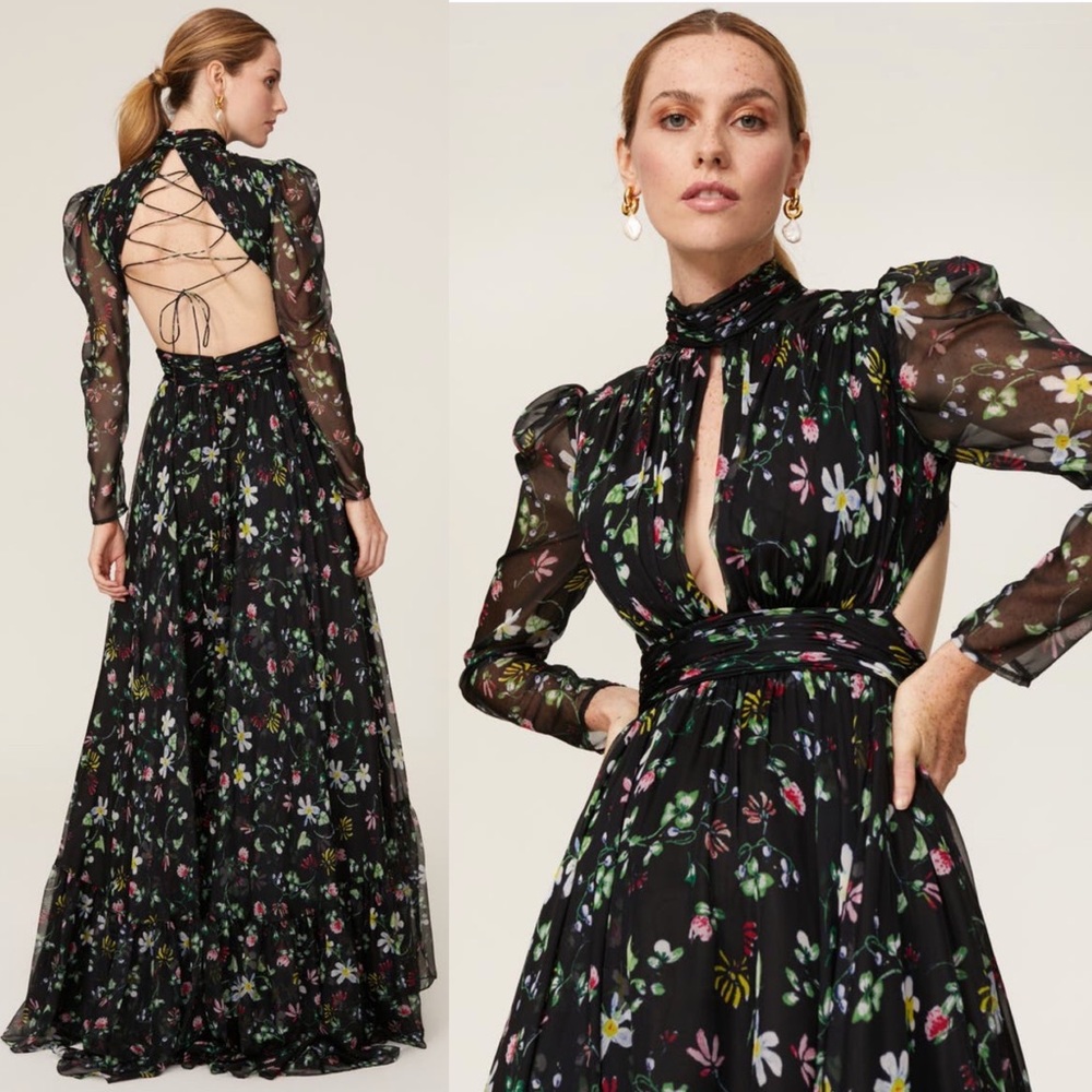 Ieena for Mac Duggal Tie Back Cutout Gown 2 Black Floral Chiffon High Neck Sheer